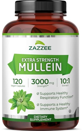 Zazzee Extra Strength Mullein 10:1 Extract, 3000 mg Strength, 120 Vegan Capsules, 4 Month Supply, Certified Kosher, Lung and Respiratory Support, 100% Pure Leaf Powder, Non-GMO, Made in The USA