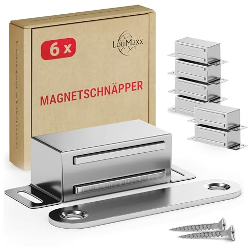 LouMaxx Pestillo magnético autoadhesivo – Fuerza de sujeción 8 kg – Juego de 6 unidades de acero inoxidable – Ultradelgado para armario – Imanes para muebles