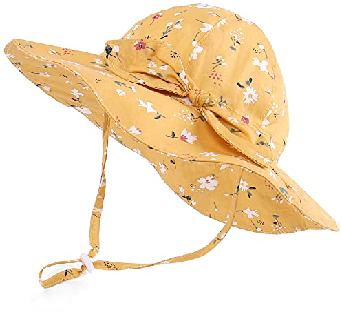 LACOFIA Baby Mädchen Sonnenhut UPF 50+ UV Schutz Kleinkind Sommer Baumwolle Mütze Strandhut Visierkappe mit Verstellbarem Kinnriemen Gelbe Blumen 6-18 Monate
