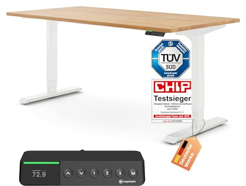 Ergotopia Desktopia Pro X Elektrisch höhenverstellbarer Schreibtisch, Ergonomischer Stehtisch für Büro oder Home Office (Eiche Echtholz, Gestell Weiß, 160 x 80 cm)
