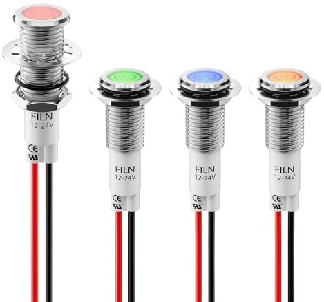 FILN 4Pcs Small 12V LED Metal Indicator Light, 10mm(0.393in) IP67 Waterproof Low Power Pilot Lights for Car Truck Boat Dashboard, Marine, RV(Red+Green+Yellow+Blue,12-24V Silver Shell)