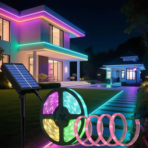 Lumtang Solar Außen LED Strip, RGB LED Streifen 5 m, solarbetriebener RGB Farbwechsel Solarlichterkette mit 8 Beleuchtungsmodi, Party, Garten, Schwimmbad, Lager, Außendekoration.