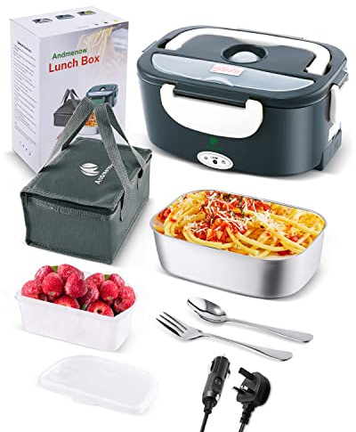 Andmenow Contenitore per pranzo elettrico 80 W aggiornamento 2024, scaldavivande portatile per casa, ufficio, camion, auto, in acciaio inossidabile 304, cucchiaio