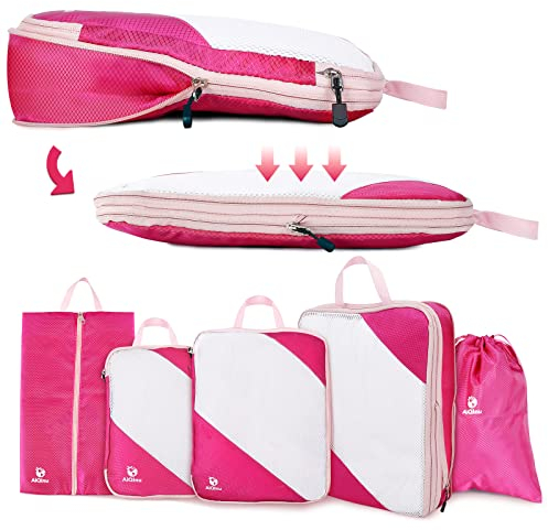 AiQInu Packing Cubes Compression, 5 Stück Packtaschen Kompression Koffer Organizer Set mit Wäschebeutel und Schuhbeutel Ultraleicht, Erweiterbar, Reisepack Organizer für Handgepäck (Rosa)