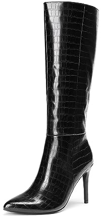 DREAM PAIRS Women's Knee-High Boots, Comfortable Chunky Block Heel Pointed Toe Pull On Side Zipper Suede Slouch Riding Boots for Young ladies,Size 5.5,Black-Stone,SDKB2311W