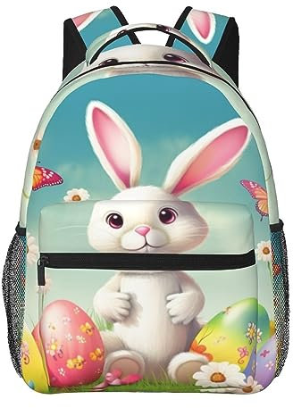 BONDIJ Großer Rucksack mit Blumenmotiv, leicht, Segeltuch, niedlich, Reiserucksäcke, Osterhase mit Eiern und Frühlingsschmetterling, EinheitsgröÃŸe