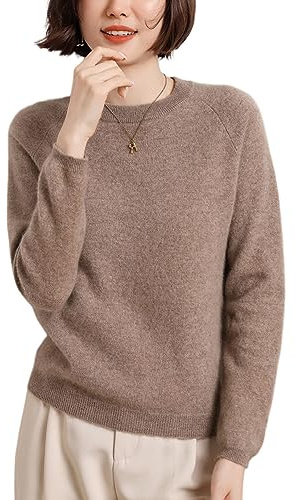 DISSA Pull Cachemire Femme Col Rond Manches Raglan,Chameau,38
