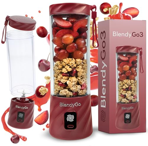 BlendyGo 3® Mixer Smoothie Maker, Smoothie Mixer Klein, Mini Portable Blender, Tragbarer Mixer USB, Smoothie-Maker to go, Standmixer 550 ml, BPA-freie, PulseMotion &BlendPro Technologie (Burgunderrot)