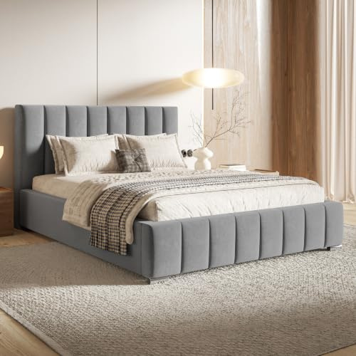 MOTIVENA Vigo Bett 200x200 Grau Samt, mit Stauraum, mit Kopfteil, mit Lattenrost, mit Füßen, ohne Matratze, Polsterbett 200x200 mit Bettkasten Grau (Hellgrau)