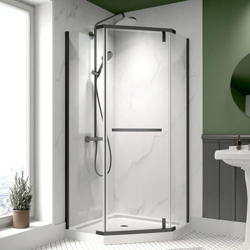 ACE DECOR 35.56 D x 35.56 W x 72 H Frameless Neo-Angle Shower Enclosure, 1/4 (6mm) Clear SGCC Tempered Glass, Pivot Shower Door in Matte Black Finish, Reversible Installation