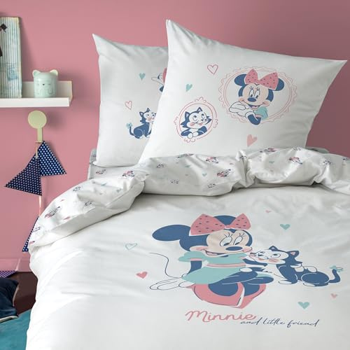 Disney Home Minnie Little Friend Parure de lit 100% Coton | Housse de Couette 140x200 cm + 1 taie 63x63 cm | Fermeture avec rabat | Chambre enfant, lit 1 place | Certification Oeko-Tex