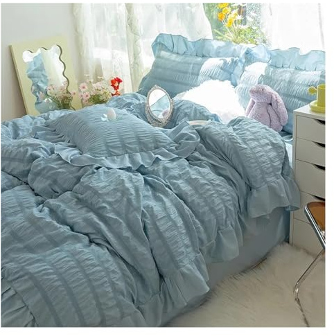 Bed, Ultra Soft Seersucker Fabric Ruffle White Bedding Set Double Queen King 4Pcs Quilt Duvet Cover Flat Bed Sheet 2 Pillowcases