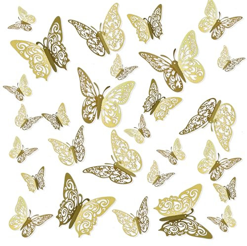Decorazioni Halloween, Adesivi Murali, Stickers, Adesivo Muro Decorativo, Farfalle Decorative Torta, Decorazione Da Parete, Adesivi 3d, 24 Pezzi, Oro