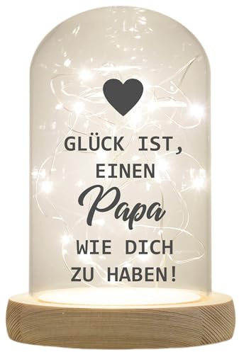 WB wohn trends LED-Glaskuppel, Glück ist einen Papa wie Dich zu haben, 16,5x11cm, Glasglocke mit LED-Licht und Holz-Fuß LED-Laterne LED-Lampe mit Text Spruch