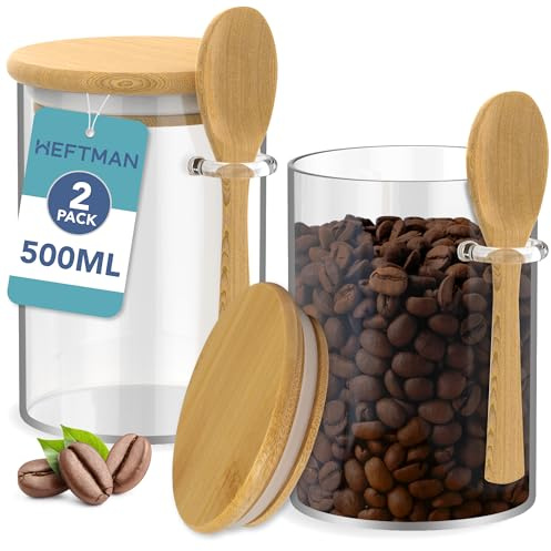 HEFTMAN Tarros de vidrio con tapas de bambú, 500 ml, paquete de 2 tarros de vidrio con tapas herméticas de bambú y cucharas para café, azúcar, especias, tarros de estación de chocolate caliente con