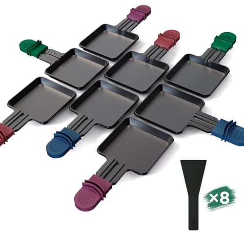 Yoassi 8Pcs Mini Sartenes de Raclette con Mango de Colores Sartenes de Raclette con Revestimiento Antiadherente para Parrilla Eléctrica Accesorios de Raclette Grill con 8 Palas para Queso Huevo Pollo