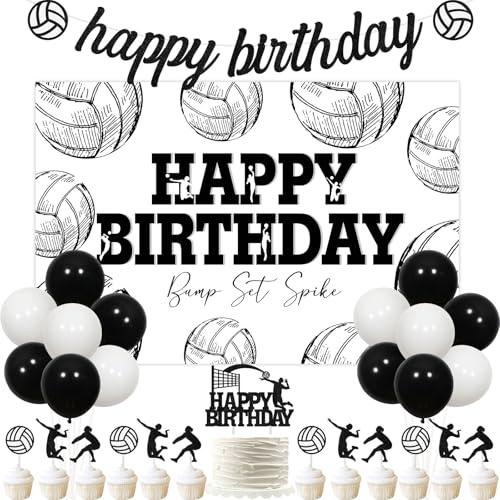 Kreatwow Volleyball Geburtstag Party Dekorationen Volleyball Happy Birthday Backdrop Schwarz Weiß Volleyball Thema Party Dekorationen Volleyball Banner Volleyball Tortendekoration Luftballons