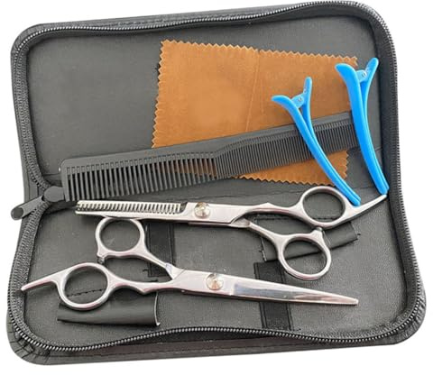 Friseurschere 15cm aus Edelstahl, Gerades Zähnedesign für Profis | 1 Satz mit 7 Teilen, Aufbewahrungstasche und Tuch, für Heimgebrauch und Barber Salon