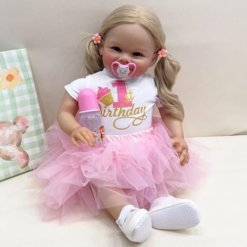 YIHANGG 24Zoll Realistisch Reborn Baby Puppe Mädchen mit Blondem Haar 60cm Kleinkind Prinzessin Neugeborene Puppe Geburtstag Weihnachten Geschenk