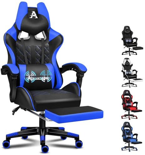 ALFORDSON Silla Gaming Ergonómica Reclinable con Masaje y Reposapiés Retráctil,Silla Gamer con Cojín Lumbar y Cervical,Altura Ajustable, para Ordenador,Oficina,Videojuego,Escritorio, Cuero PU(Azul)