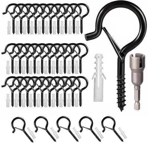 EnjoyThink Outdoor Light Hooks - 35Pcs Q-Hanger‍ Screw Ho​oks for Outdoor String Lights - Wall Cabinet Ceiling EyeHooks - Q-Hanger Hooks with Safety Buckle - Ceiling HookScrew for Plants Hanging