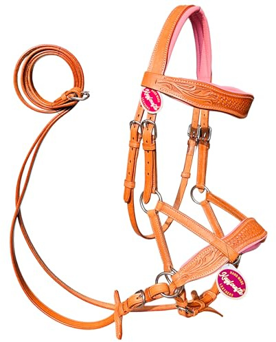kayfcrafts Veg Tan Läder Sidepull Bitless Träns för häst med kohud stoppning och lädertyglar (rosa, kolv)
