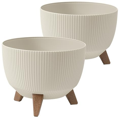Tymar - Maceta para exterior e interior, maceta grande redonda con pies, jardinera, jarrón, maceta de terraza, (2 paquetes), color beige, diámetro 47 cm