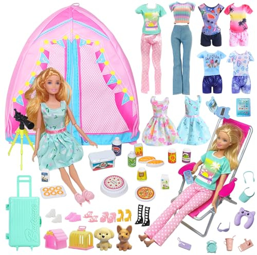 43 Doll Clothes Travel Camping Tent Compatible with Barbie, Floral Dress Leisure Top Pants Camping Chair Telescope Travel Snacks Pet Toys Accessories shoes