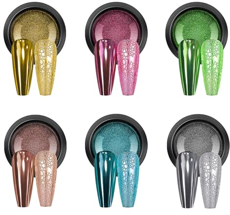 6 Farben Mehrfarbig Nail Chrome Powder, Metallic Cromepulver Cromepulver Nägel mit Gold, Rosa, Grün, Champagner, Blau und Silber, Chrome Pulver Nägel 0.5/Jar (Colors A, 6 Pcs)