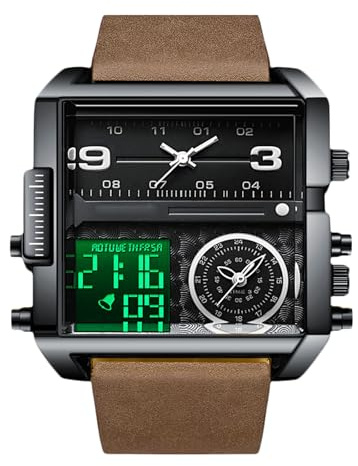 RORIOS Reloj de Pulsera Multifuncional Digital para Hombre Reloj Moda Cuadrados Cuarzo con Pantalla Analógica Electrónica de Esfera Grande Marrón Negro