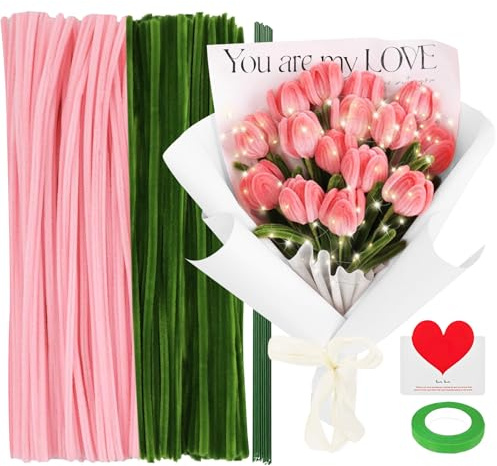 200 Stück Rosa Tulpe Pfeifenreiniger Blumen Zum Basteln Set Pfeifenputzer Blumenstrauß Pipe Cleaner Blumen Bastelset mit Blumenpapier Klebeband Geschenkband Lichterkette Karte für Blumenstrauß DIY