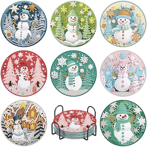 8 Pcs Christmas Diamond Painting Coasters Kits with Holder,Snowman Diamond Art Coaster Kits for Adults & Kids,Paint with Diamonds Coasters Craft Supplies for Holiday Decor Gifts