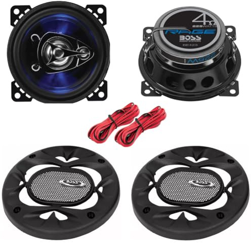 KIT Set pour Boss Audio Systems BE423, 2 Enceintes coaxiales 3 Voies 10 cm 100 mm 4, 112 Watts rms 225 Watts Max, 4 ohm, 90 DB, avec LED Bleue, Suspension en Gomme, par Paire + Accessoires offerts