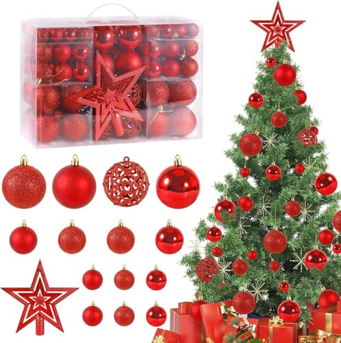 CIRULLI Juego de 101 Bolas de Navidad Rojas - Bolas de plástico para árboles de Navidad de diámetro Ø3, 4 y 6 cm - Adornos navideños de Bricolaje - Adornos navideños - con Dispositivo para Colgar