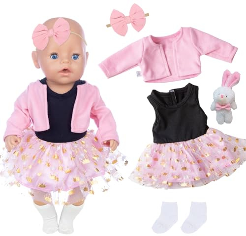 Lot de 5 vêtements mignons pour poupées de 35 à 43 cm - Vêtements avec jupe en tulle rose - Nœud - Chaussettes - Poupée de lapin compatible avec les poupées Born Baby Annabelle