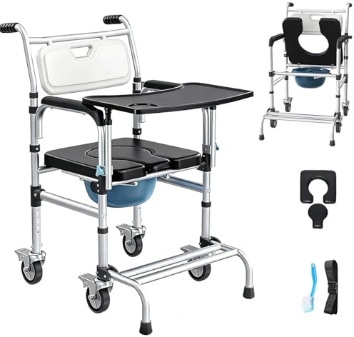 Fisimport 4 in 1 Rolling Bedside Commode Chair w/Wheels for Elderly, Shower Chair w/Handles for Height Raised Toilet Seat for Seniors, Disabled & Pregnant Holds Up to 350 lbs
