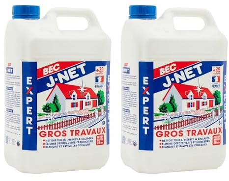 Nettoyant J-NET Gros Travaux 10L (2 X 5L) – Puissant extérieur dépôts verts noirs – Terrasses toitures façades sols – Restaure l’état d’origine – Multi-surface chlore actif – Made in France