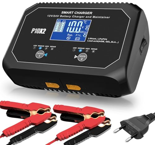 Haisito Bilbatteriladdare, 2 uppsättningar 20 A (10 A/paket), 12 V-24 V bilbatteriladdare, batteriskydd, skyddsladdare för bilar, motorcyklar, båtar, blysyra, litium och LiFePo4-batterier