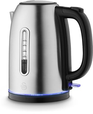 Swan Quiet Boil Cordless Kettle, 3kW Fast Boil, Removable Limescale Filter, Push Button Lid and 360-Degree Base, LED Base Light, Stainless Steel, SK19035SS
