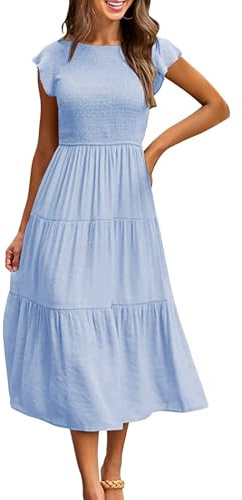 Yuson Girl Vestido Mujer Vestido Largo Verano Mujer Manga Volante Cuello Redondo Elegante hasta la Rodilla Vestidos de Playa Elástico Vestidos Largos Casual Sólida Vestido Verano