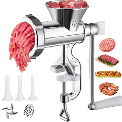 Meat Grinders Manual Mincer - Manual Meat Grinder For Home Use Sausage Maker & Burger Patty Stuffer with Table Clamp, Hand Operated Kitchen Tool for Homemade Pork, Beef, and Sausage - Easy to Clean
