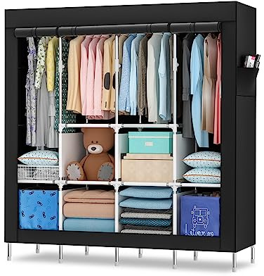 Mihoho Armadio portatile, armadio pensile da 170 cm, appendiabiti in metallo, armadio indipendente con rivestimento in tessuto Oxford, 165 cm x 170 cm x 45 cm (nero c, Grande)