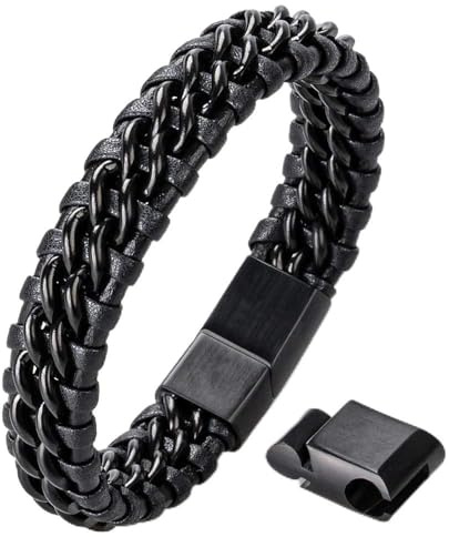 HOOF Armband Männer I Herren Echt-Leder-Edelstahl Schmuck I geflochtener Armreif | Edle Schachtel | Rocker, Biker, Wikinger, Gothic, Punk, Freunde