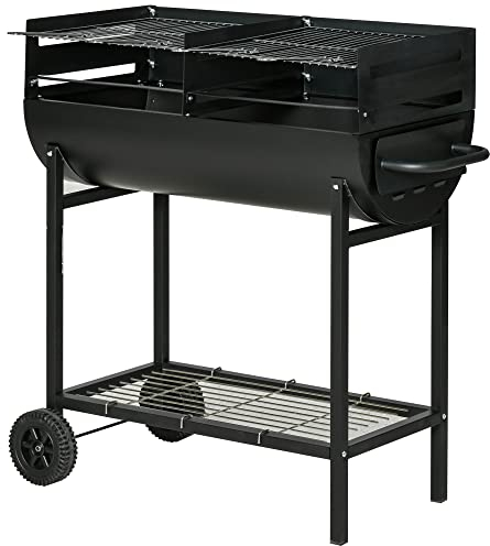 Outsunny Trolley Charcoal BBQ Barbecue Grill Cooker with 3-Level Adjustable Height Grill Nets, Patio Outdoor Garden Heating Heat Smoker with Wheels, 90 x 45 x 96 cm, Black
