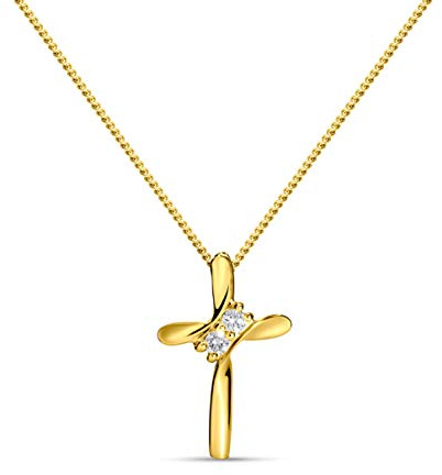 MIORE Damen Halskette Kreuz, echtes 9 Karat 375 Gelbgold/Weißgold Panzerkette mit 2 echten Diamanten, Gold Kette Länge 45 cm, nachhaltiger, handgemachter Damen Schmuck