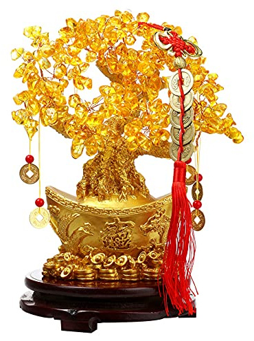 Feng Shui Money Tree Crystal Yellow Quartz Lucky Tree Golden Ingot Bottom with Rotating Sandalwood Base Chinese Copper Coin String Decoration for Wealth/Fortune and Luck (Trumpet: 19cm)