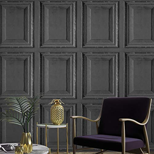 Grandeco Life Wood Panels Black Wallpaper A49203 - Distressed Wooden Panelling