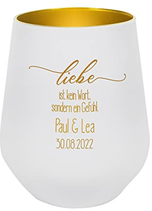 Herz & Heim® Windlicht zur Hochzeit Liebe ist kein Wort, sondern EIN Gefühl mit Wunschnamen und Datum, weiß