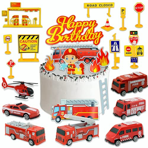jiuzcare Feuerwehr Geburtstag Deko, Geburtstagsdeko Feuerwehr, Feuerwehr Deko Tortendeko Feuerwehr Set mit Feuerwehrauto, Feuerwehr Tortendeko für Kindergeburtstag (25 Stück, Kunststoff/Karton)