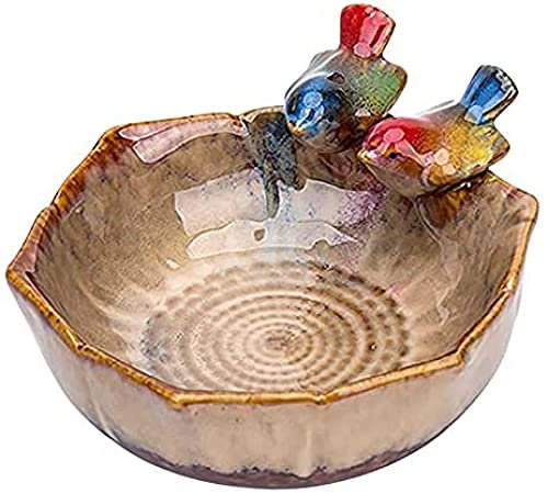 BERTY·PUYI Vogelhäuschen, Keramik Vogelfutterschale Vogeltränkeschale, Vogelfutterschale Mit 2 Vögeln, Keramik Vogelhäuschen Vogeltränke, Für Garten Hof Dekoration, 16x16x8cm-B